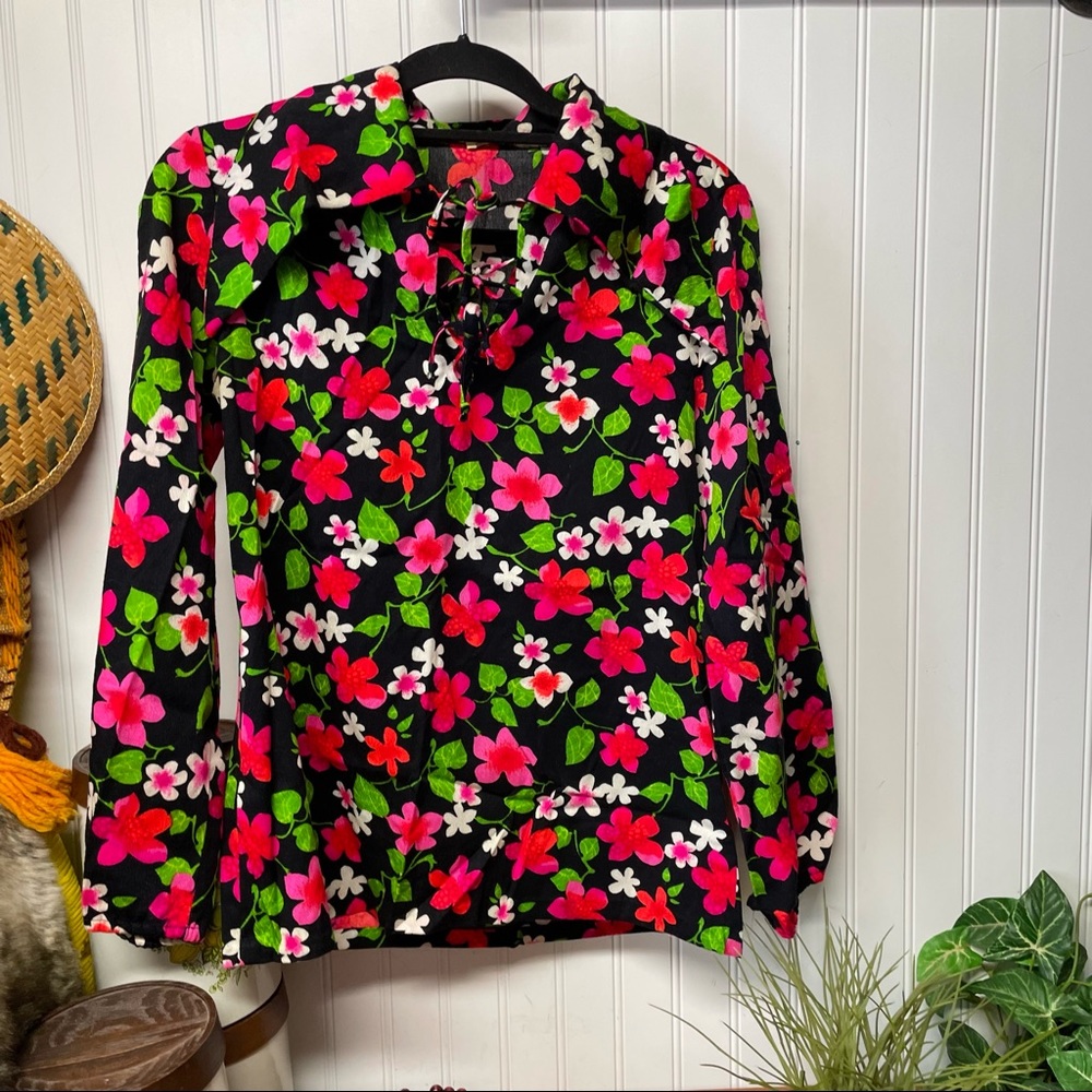 Vintage 70s plaid big collar Montgomery Ward Floral Top Size Large